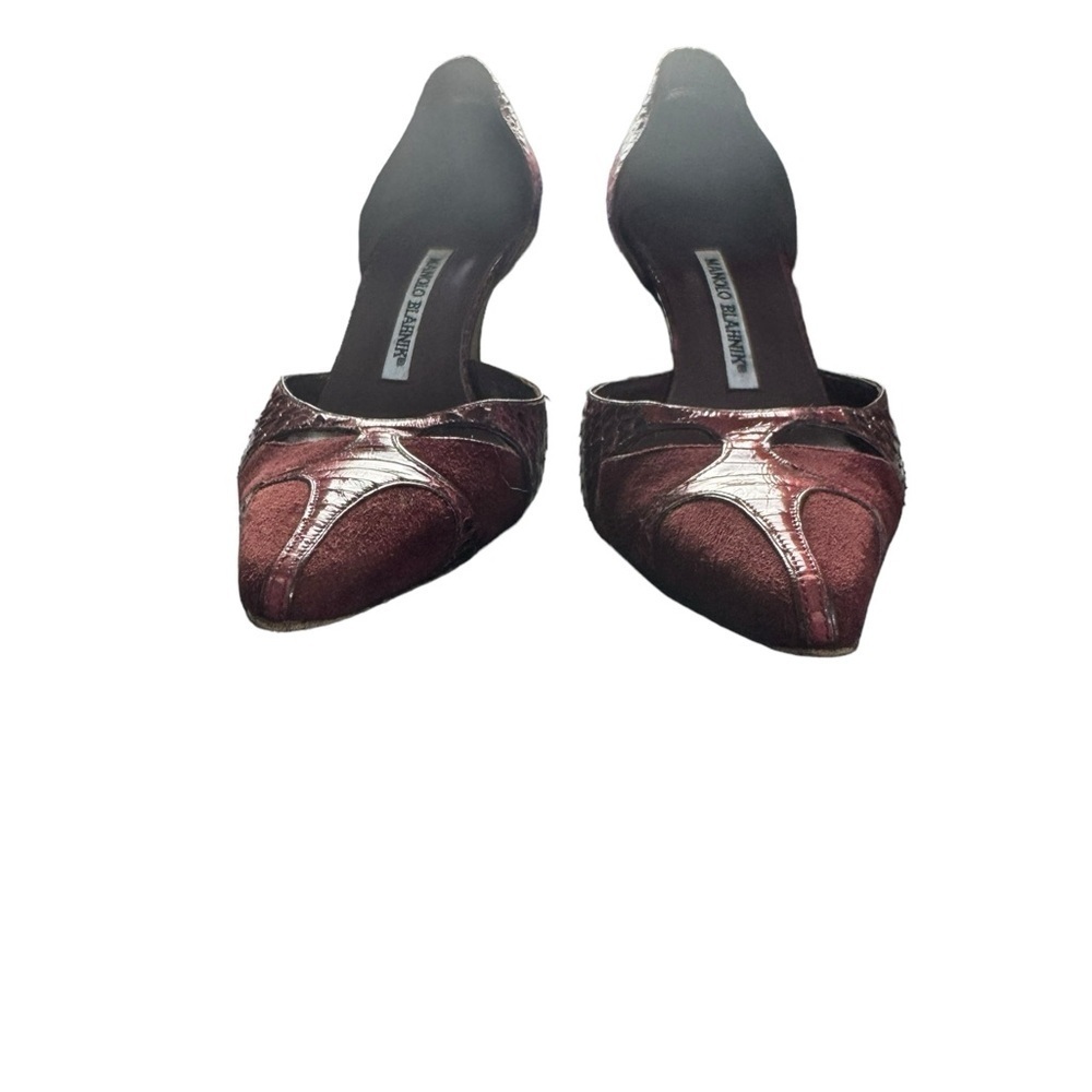 MANOLO BLAHNIK Burgundy D’Orsay Heels Pumps with Suede, Crocodile, Size 8 US​​​ - Picture 8 of 11